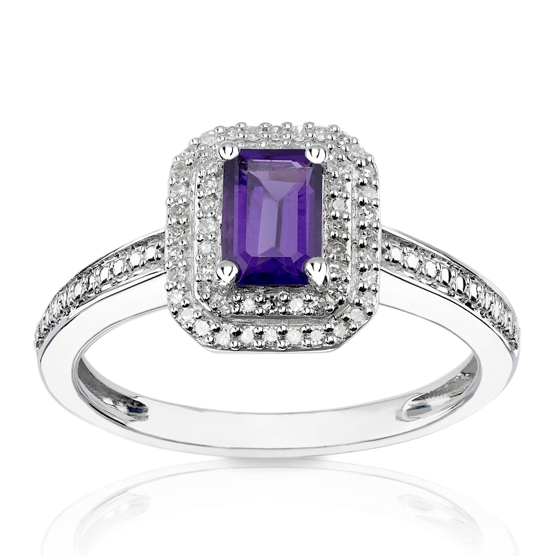 Main Image 1 of 9ct White Gold Diamond & Octagon Amethyst Double Halo Ring
