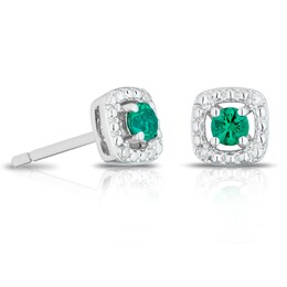 Silver Diamond & Created Emerald May Birthstone Earrings