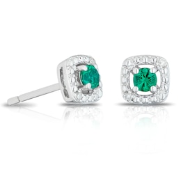 Sterling Silver Diamond & Created Emerald May Birthstone Earrings