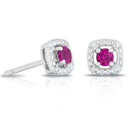 Sterling Silver Diamond & Created Ruby July Birthstone Earrings