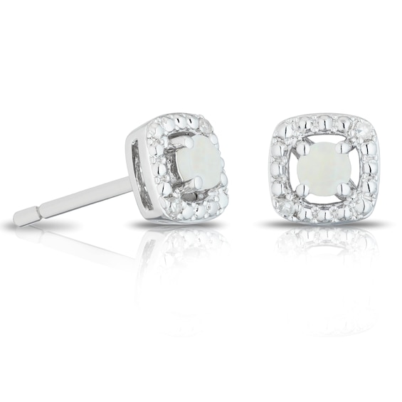 Sterling Silver Diamond and Opal October Birthstone Earrings