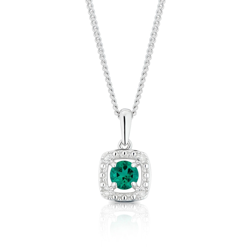 Silver Diamond & Created Emerald May Birthstone Pendant