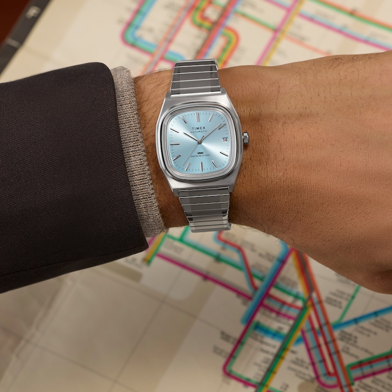 Main Image 5 of Timex Automatic Women's 1983 E Line Ice Blue Square Dial Silver Tone Stainless Steel Bracelet Watch