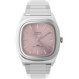 Timex Automatic Women's 1983 E Line Pink Square Dial Silver Tone Stainless Steel Bracelet Watch