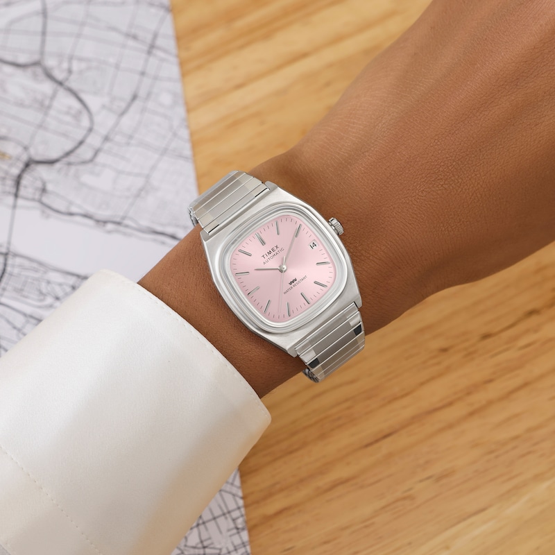 Main Image 5 of Timex Automatic Women's 1983 E Line Pink Square Dial Silver Tone Stainless Steel Bracelet Watch