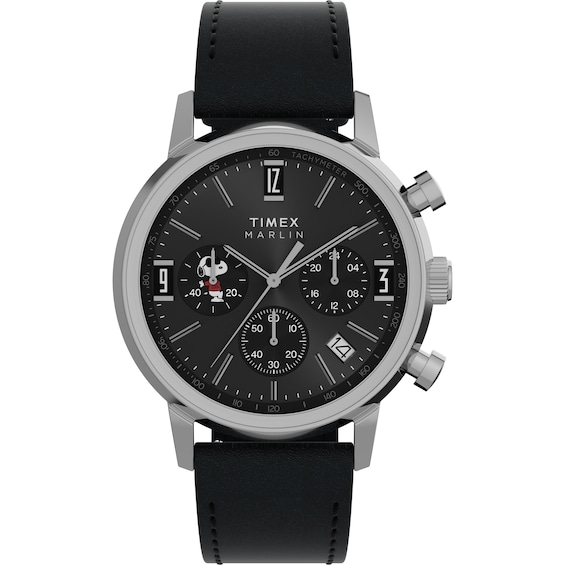 Timex Marlin x Peanuts Men's Chronograph Joe Cool Black Dial Black Leather Strap Watch