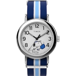 Timex Weekender x Peanuts 37mm Main Line Pickleball White Dial Blue Fabric Slip Thru Strap Watch