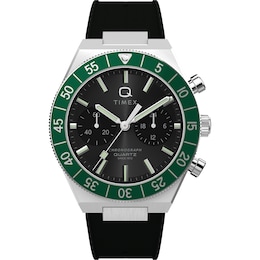 Timex Q Timex Continental Black & Green Dial Chronograph Black Silicone Strap Watch