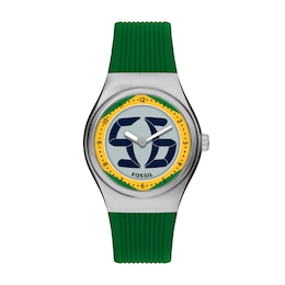 Fossil Big Tic World Flags Brazil Multicolour Dial Green Silicone Strap Watch