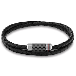Tommy Hilfiger Men's Black Leather & Steel Wrap Bracelet