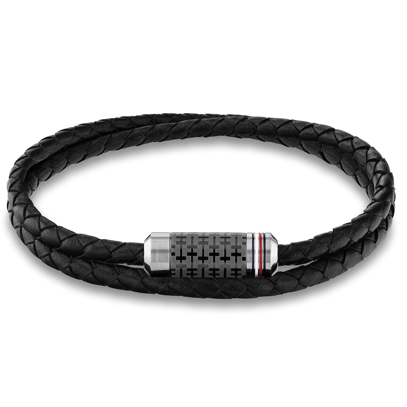 Tommy Hilfiger Men's Black Leather & Steel Wrap Bracelet