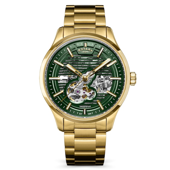 Rotary Greenwich Mens Skeleton Green Dial Automatic Stainless Steel Bracelet Watch