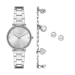 Michael Kors Pyper Women's Silver Tone Dial Stainless Steel Bracelet Watch Gift Set