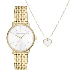 Armani Exchange Women's Three-Hand White Dial Gold-Tone Stainless Steel Bracelet Watch Set
