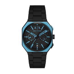 Armani Exchange Bass Men's Dual Time Black & Blue Dial Black Silicone and Stainless Steel Bracelet Watch