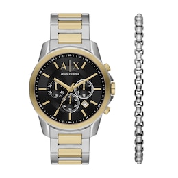 Armani Exchange Men's Chronograph Black Dial Two-Tone Stainless Steel Bracelet Watch and Bracelet Set