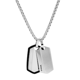 Fossil Men's Harlow Linear Texture Stainless Steel Dog Tag Necklace