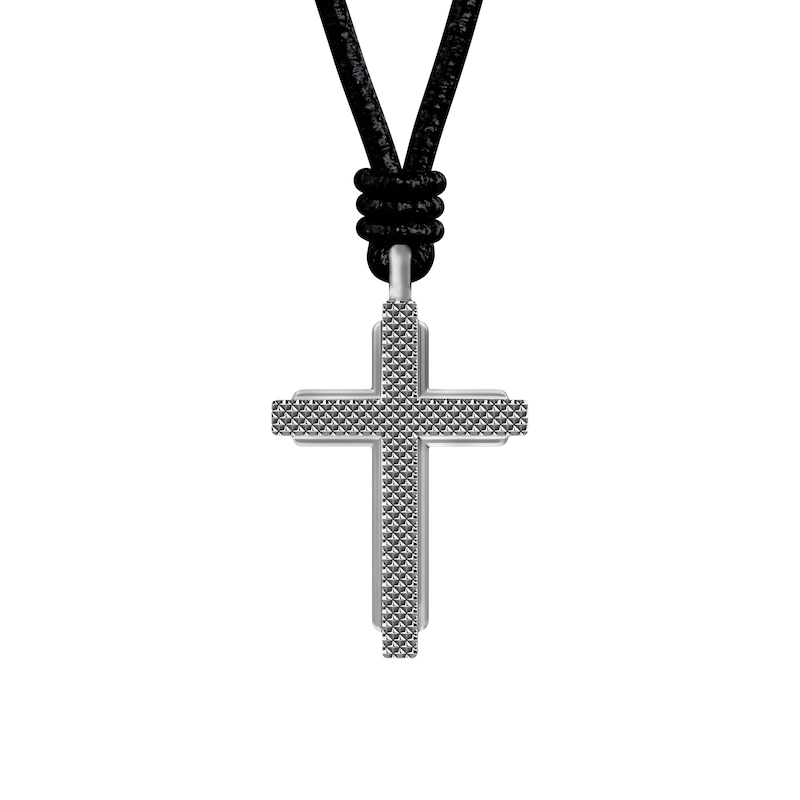 Main Image 1 of Fossil Men's Machine Black Leather Cross Pendant Necklace