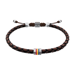 Fossil Men's Everett Enamel Brown Leather Station Bracelet