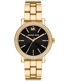 Michael Kors Women's Corey Three Hand Black Sunray Dial & Gold Tone Stainless Steel Bracelet Watch