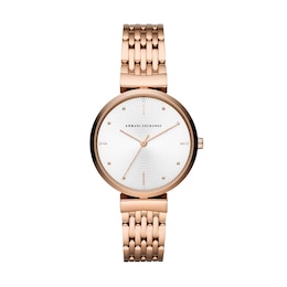Armani Exchange Women's Three-Hand Silver Tone Sunray Dial & Rose Tone Stainless Steel Bracelet Watch
