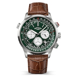 Rotary Men's Pilot Chronograph Green Dial Brown Leather Strap Watch