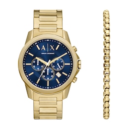 Armani Exchange Men's Chronograph Blue Dial Gold Tone Stainless Steel Bracelet Watch and Bracelet Set