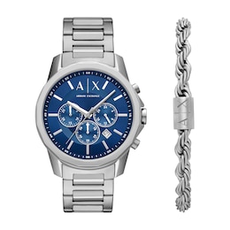 Armani Exchange Men's Chronograph Blue Dial Silver-Tone Stainless Steel Bracelet Watch and Bracelet Set