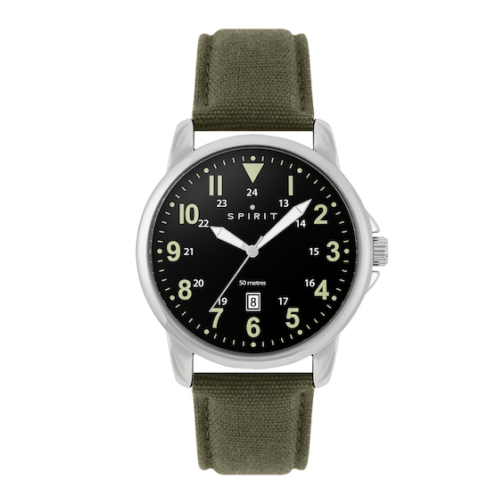 Spirit Men's Black Dial Khaki Canvas Strap Watch