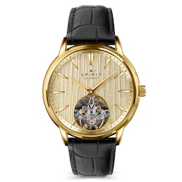 Spirit Men's Open Heart Automatic Champagne Dial Black Leather Strap Watch