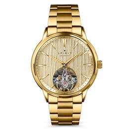 Spirit Men's Open Heart Automatic Champagne Dial Gold-Tone Stainless Steel Bracelet Watch