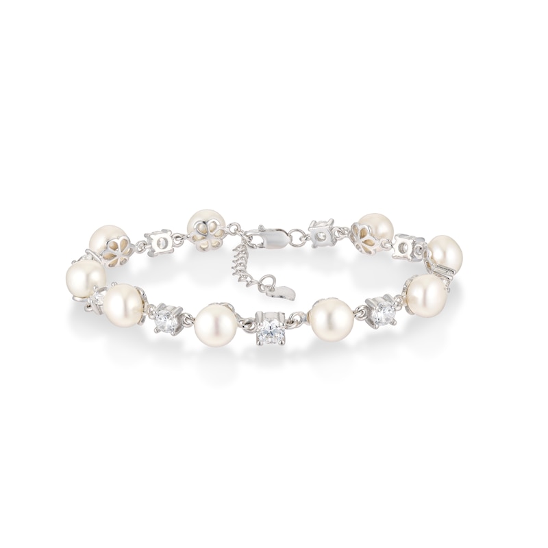 Main Image 1 of Sterling Silver Cultured Freshwater Pearl Cubic Zirconia Station Bracelet