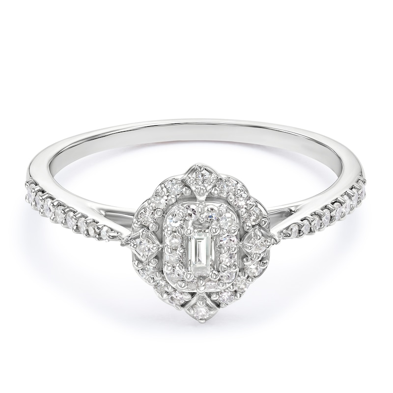 Main Image 1 of 9ct White Gold Emerald Vintage Halo 0.25ct Diamond Ring