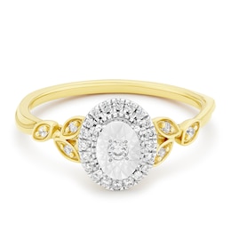 9ct White & Yellow Gold Oval Vintage Halo Leaf Shoulders 0.15ct Diamond Ring