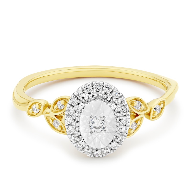 Main Image 1 of 9ct White & Yellow Gold Oval Vintage Halo Leaf Shoulders 0.15ct Diamond Ring