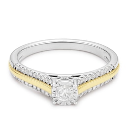 9ct Yellow Gold & Sterling Silver Cushion Solitaire Split Shoulders 0.25ct Diamond Ring
