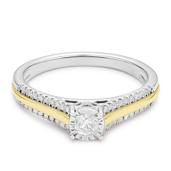 9ct Yellow Gold & Sterling Silver Cushion Solitaire Split Shoulders 0.25ct Diamond Ring