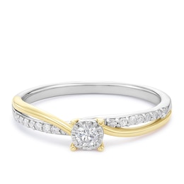 9ct Yellow Gold & Sterling Silver Twist Solitaire Diamond Shoulders 0.15ct Diamond Ring