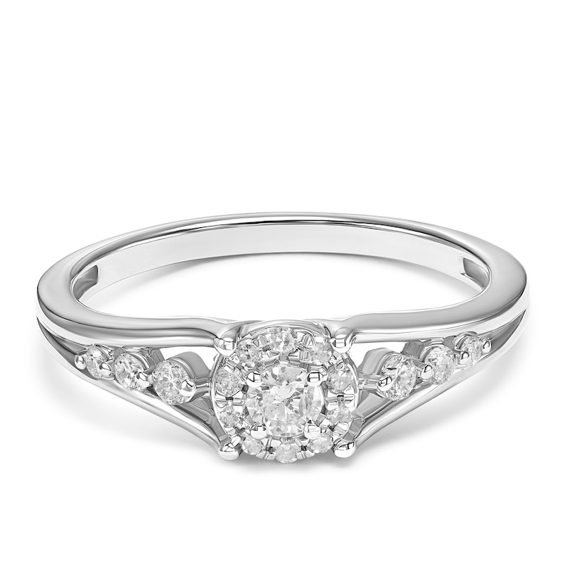 Main Image 1 of 9ct White Gold Halo Diamond Shoulders 0.25ct Diamond Ring