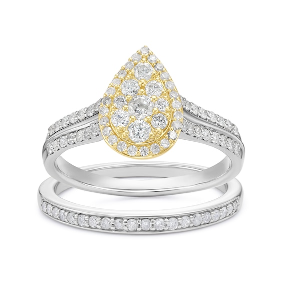Perfect Fit Sterling Silver & 9ct Yellow Gold Pear Cluster 0.66ct Diamond Bridal Set