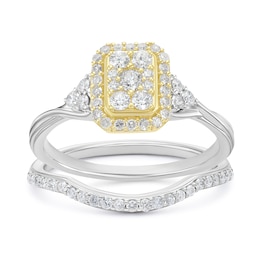 Perfect Fit Sterling Silver & 9ct Yellow Gold Emerald Cluster 0.50ct Diamond Bridal Set