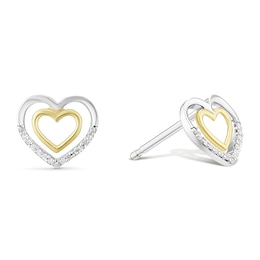 Sterling Silver and 9ct Yellow Gold Two Colour Heart Diamond Stud Earrings