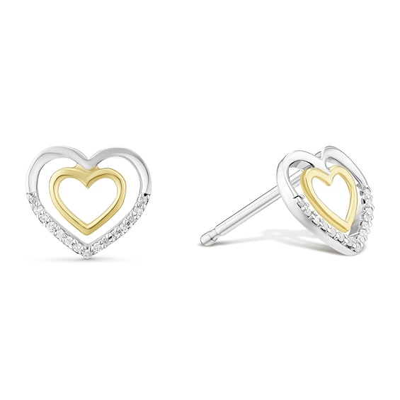 Sterling Silver and 9ct Yellow Gold Two Colour Heart Diamond Stud Earrings
