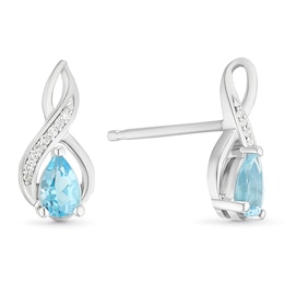 Sterling Silver Pear Cut Swiss Blue Topaz and Diamond Stud Earrings