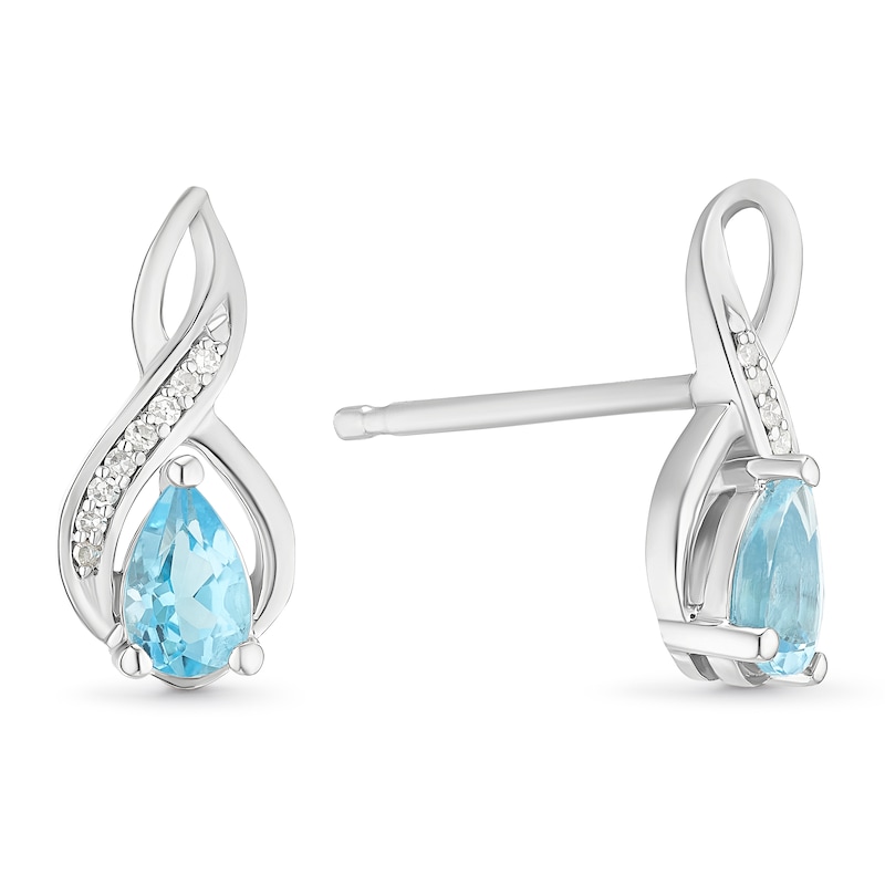 Main Image 1 of Sterling Silver Pear Cut Swiss Blue Topaz and Diamond Stud Earrings