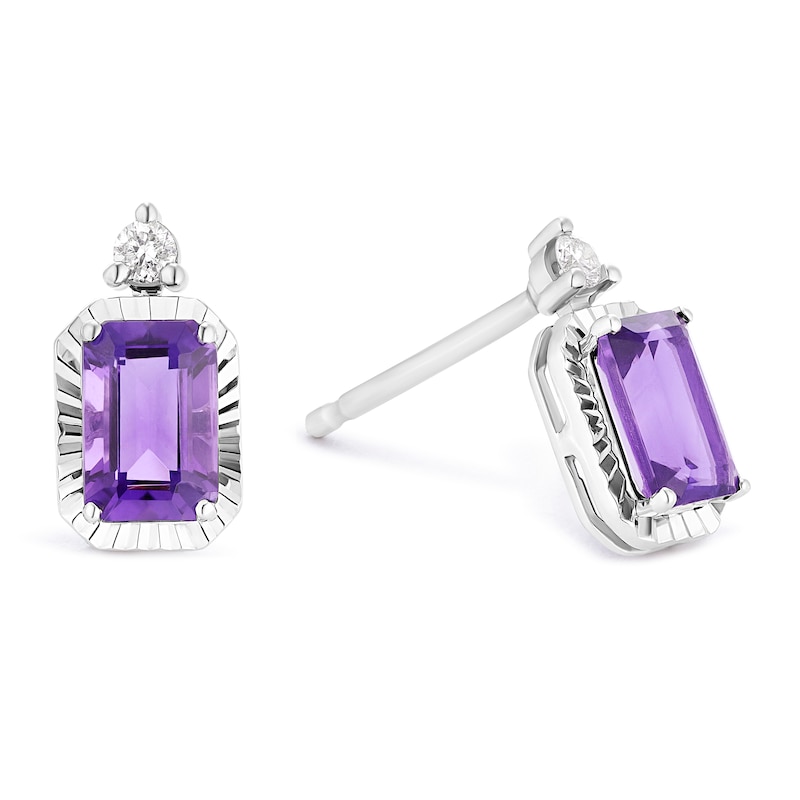 Main Image 1 of Sterling Silver Emerald Cut Amethyst and Diamond Drop Earrings