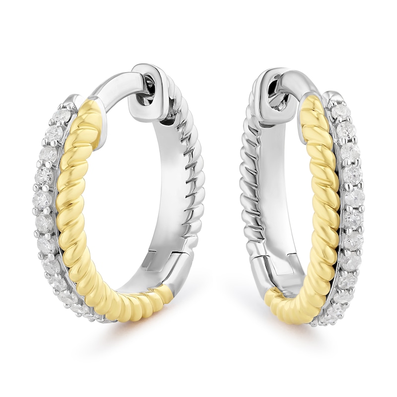 Main Image 1 of Sterling Silver 18ct Gold Vermeil Two Tone Dual Row Twist 0.15ct Diamond Hoop Earrings