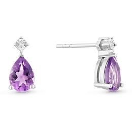 Sterling Silver Pear Cut Amethyst and Diamond Drop Earrings