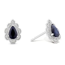 Sterling Silver Pear Cut Blue Sapphire and Diamond Stud Earrings