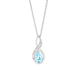 Sterling Silver Pear Cut Swiss Blue Topaz and Diamond Pendant Necklace